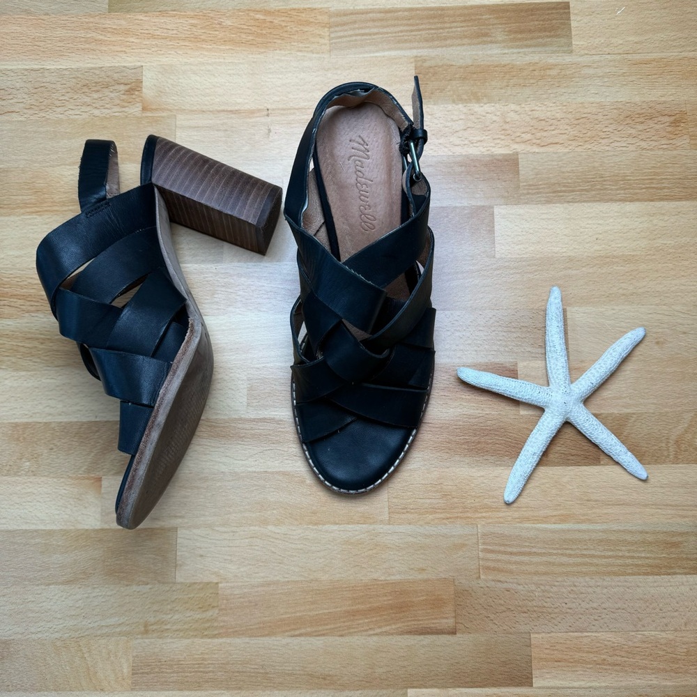 Madewell Women’s Black Leather Strappy Block Heel Sandals, Size 7.5